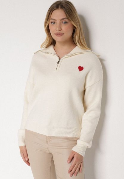 Biały Sweter z Bawełną Wiskozą i Wełną Ozdobiony Sercem Monissea. Białe golfy Born2be, m, bez wzorów, z bawełny, bez ramiączek. Za 109.99 zł.