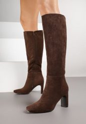 Brązowe Casualowe Kozaki z Imitacji Zamszu na Słupku Delawe. Brązowe kozaki Born2be, z dzianiny, bez obcasa, na obcasie, bez zapięcia. Za 169.99 zł.