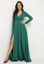 Ciemnozielona Rozkloszowana Sukienka z Dekoltem w Serek i Rozcięciem Zdobiona Metaliczną Nicią Emilandra. Zielone sukienki Born2be, m, z aplikacjami, z materiału, eleganckie, bez kołnierzyka, bez ramiączek, maxi, kopertowe. Za 219.99 zł.