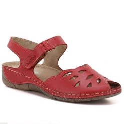 Skórzane sandały damskie komfortowe na rzep czerwone Helios 4011. Czerwone sandały Helios, bez wzorów, ze skóry, bez obcasa, bez zapięcia. Za 379.99 zł.