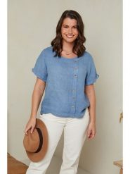 Curvy Lady Lniana koszulka w kolorze niebieskim rozmiar: 44/46. Niebieskie bluzki Curvy Lady, bez wzorów, ze lnu, klasyczne, bez kołnierzyka, bez ramiączek. Za 114.44 zł.