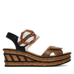 Sandały Rieker. Brązowe sandały Rieker, bez wzorów, bez obcasa, na koturnie, bez zapięcia. Za 319.99 zł.