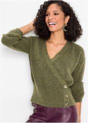 Sweter z dekoltem kopertowym. Zielone swetry bonprix, bez wzorów, bez ramiączek. Za 149.99 zł.