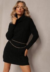 Czarna Mini Sukienka ze Sweterkowej Dzianiny z Szerokim Golfem i Ściągaczami Jilenma. Czarne sukienki Renee, na jesień, m, bez wzorów, z dzianiny, bez kołnierzyka, bez ramiączek, mini. Za 99.99 zł.