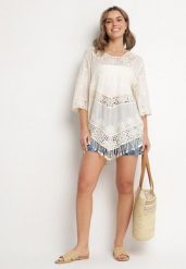 Jasnobeżowa Bawełniana Bluzka Oversize w Stylu Boho z Haftem i Koroną Maivienne. Brązowe bluzki Born2be, bez wzorów, z bawełny, boho, bez kołnierzyka, bez ramiączek. Za 69.99 zł.