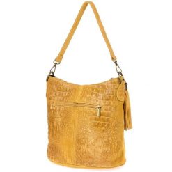 Shopperka skórzana Beltimore W13 musztardowa. Żółte shopper z aplikacjami, z materiału, na ramię, zamszowe, bez dodatków. Za 139.99 zł.