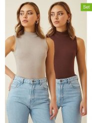Happiness Istanbul Topy (2 szt.) w kolorze beżowym i brązowym rozmiar: S/M. Brązowe topy Happiness Istanbul, m, bez wzorów, bez kołnierzyka, bez ramiączek. Za 60.99 zł.