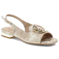 Sandały damskie S.Barski, cholewka ze skóry ekologicznej z metalicznym efektem ozdobna aplikacja z kamieniami i odkryty przód, złote, KV61-6024. Żółte sandały S.BARSKI, z aplikacjami, ze skóry ekologicznej, eleganckie, bez obcasa, bez zapięcia. Za 129.00 zł.