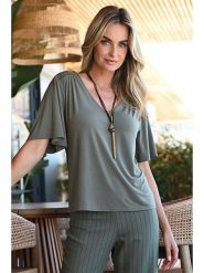 Bleu d'Azur Koszulka "Musa" w kolorze khaki rozmiar: 44. Brązowe bluzki Bleu d'Azur, w ażurowe wzory, klasyczne, bez kołnierzyka, bez ramiączek. Za 105.63 zł.