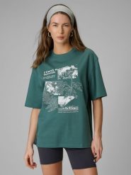 4F T-shirt loose z nadrukiem damski - turkusowy S. Niebieskie t-shirty 4f, s, bez wzorów, z dzianiny, bez kołnierzyka, bez ramiączek. Za 79.99 zł.