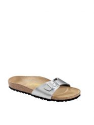 Birkenstock Klapki w kolorze srebrnym rozmiar: 36. Szare klapki Birkenstock, bez wzorów, z materiału, z otwartym noskiem, bez obcasa. Za 264.15 zł.