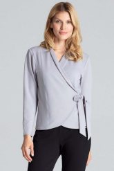 Szara Bluzka o Kopertowym Kroju Wiązana na Boku. Szare bluzki Figl, l, bez wzorów, z elastanu, bez kołnierzyka, bez ramiączek. Za 209.00 zł.