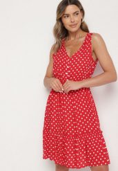 Czerwona Sukienka z Wiskozą i Bawełną w Kropki Lilivena. Czerwone sukienki Born2be, na co dzień, m, bez wzorów, z bawełny, eleganckie, bez kołnierzyka, bez ramiączek, mini. Za 44.99 zł.