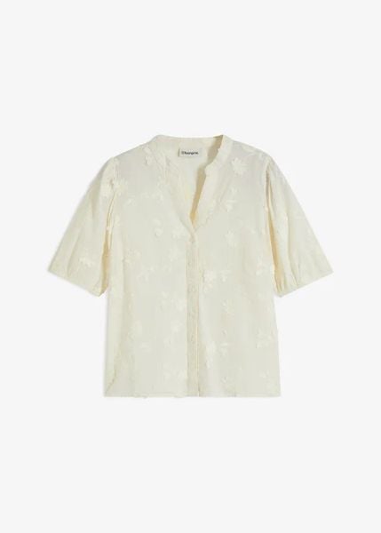 Bawełniana bluzka z krótkim rękawem. Białe bluzki bonprix, bez wzorów, z bawełny, bez kołnierzyka, bez ramiączek. Za 59.99 zł.