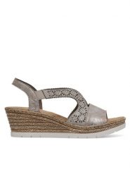 Rieker Sandały 61916-91 Srebrny. Szare sandały Rieker, bez wzorów, z syntetyku, bez obcasa, na koturnie, bez zapięcia. Za 299.99 zł.
