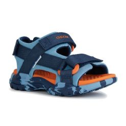 Sandały juniorskie Geox Borealis. Niebieskie sandały Geox, bez wzorów, z tkaniny, sportowe, bez obcasa, bez zapięcia. W wyprzedaży za 240.90 zł.