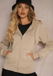 Ciemnobeżowa Casualowa Bluza z Dodatkiem Bawełny Zapinana na Suwak z Kapturem Arkatia. Brązowe bluzy Renee, xl, bez wzorów, z bawełny, z kapturem. Za 69.99 zł.