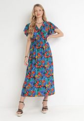 Niebieska Wiskozowa Sukienka Maxi w Kwiaty z Gumką w Talii i Kopertowym Dekoltem Trelline. Niebieskie sukienki Born2be, l, bez wzorów, z wiskozy, bez kołnierzyka, bez ramiączek, maxi, kopertowe. Za 59.99 zł.