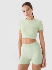 4F Crop top treningowy slim szybkoschnący damski - turkusowy M/L. Niebieskie koszulki sportowe 4f, bez wzorów, z dzianiny, bez ramiączek, na fitness i siłownię. Za 39.99 zł.