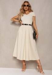 Beżowa Sukienka o Rozkloszowanym Kroju z Krótkim Rękawem i Paskiem z Ekoskóry Frinna. Brązowe sukienki Renee, na co dzień, bez wzorów, eleganckie, bez kołnierzyka, bez ramiączek, midi, rozkloszowane. Za 164.99 zł.