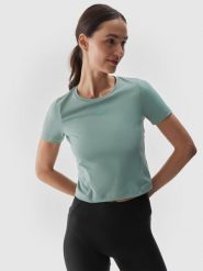 4F Koszulka do jogi i pilatesu slim szybkoschnąca damska - turkusowa XS. Niebieskie koszulki sportowe 4f, bez wzorów, z dzianiny, bez ramiączek, na fitness i siłownię. W wyprzedaży za 39.99 zł.