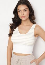 Biało-Beżowy Tank Top w Paski z Prążkowanej Tkaniny Sesillia. Brązowe topy Born2be, s, bez wzorów, z jeansu, bez kołnierzyka, bez ramiączek. Za 19.99 zł.