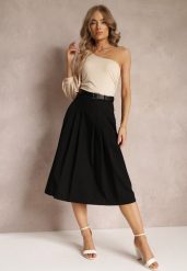 Czarna Spódnica Midi Trapezowa z Zakładkami i Paskiem ze Sprzączką Akiye. Czarne spódnice Renee, m, bez wzorów, midi, trapezowe. Za 129.99 zł.