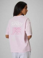 4F T-shirt loose z nadrukiem damski - różowy S. Czerwone t-shirty 4f, s, bez wzorów, z bawełny, bez kołnierzyka, bez ramiączek. Za 59.99 zł.