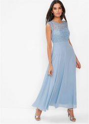 Długa sukienka z koronką. Niebieskie sukienki bonprix, z aplikacjami, z koronki, eleganckie, bez kołnierzyka, bez ramiączek, maxi. Za 279.99 zł.