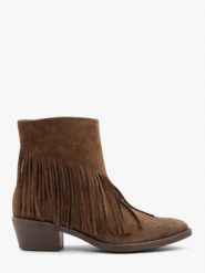 Brązowe botki z frędzlami ze skóry welurowej. Brązowe botki Ryłko, bez wzorów, ze skóry, bez obcasa, bez zapięcia. Za 449.99 zł.