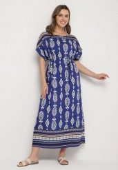 Niebieska Pudełkowa Sukienka z Wiskozy w Etniczny Wzór Mirosela. Niebieskie sukienki Born2be, na co dzień, s, bez wzorów, z materiału, eleganckie, bez kołnierzyka, bez ramiączek, maxi. Za 59.99 zł.