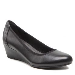 Półbuty Tamaris. Czarne czółenka Tamaris, bez wzorów, bez obcasa, na koturnie, bez zapięcia. Za 249.99 zł.