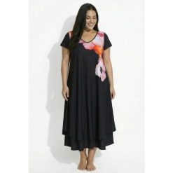 Damskie Sukienka mini kwiaty krój trapezowy dekolt w serek rękawki miseczkowe. Czarne sukienki Ulla Popken, plus size, bez wzorów, z materiału, sportowe, bez kołnierzyka, plus size, bez ramiączek, mini, sportowe. Za 279.99 zł.