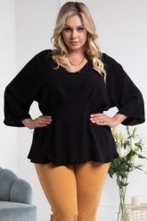 Bluzka wieczorowa odcinana pod biustem elegancka ala baskinka MADRYTA czarna. Czarne bluzki KARKO, l, bez wzorów, z elastanu, eleganckie, bez kołnierzyka, plus size, bez ramiączek. Za 79.50 zł.