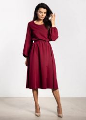 Elegancka sukienka rozkloszowana z długim rękawem bordowa. Czerwone sukienki Infinite You, do pracy, l, bez wzorów, z materiału, biznesowe, bez kołnierzyka, bez ramiączek, midi, dopasowane. Za 309.00 zł.