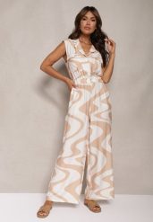 Beżowy Kombinezon z Szerokimi Nogawkami Gumką w Talii w Abstrakcyjny Print Privia. Brązowe sukienki Renee, na co dzień, bez wzorów, z tkaniny, eleganckie, bez kołnierzyka, bez ramiączek, kopertowe. Za 119.99 zł.