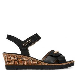 Sandały Remonte. Czarne sandały Remonte, bez wzorów, bez obcasa, na koturnie, bez zapięcia. Za 359.99 zł.