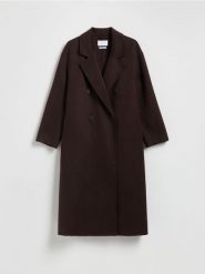 Płaszcz handmade z wełną - ciemnobrązowy. Brązowe płaszcze Reserved, l, bez wzorów, z tkaniny, bez kaptura. Za 399.99 zł.