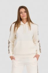 GUESS Beżowa damska bluza Carla Hooded, Rozmiar L. Brązowe bluzy sportowe Guess, l, z aplikacjami, z bawełny, bez kaptura. W wyprzedaży za 239.99 zł.