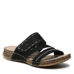 Klapki Rieker. Czarne klapki Rieker, bez wzorów, bez obcasa. Za 249.99 zł.