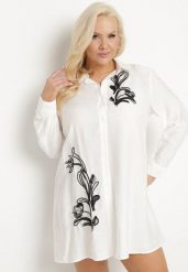 Biała Koszulowa Sukienka z Wiskozy Zdobiona Kwiatowym Haftem Nalilsa. Białe sukienki Born2be, na co dzień, plus size, z aplikacjami, z wiskozy, eleganckie, bez kołnierzyka, plus size, bez ramiączek, mini, koszulowe. Za 99.99 zł.
