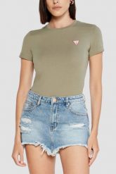 GUESS Zielony damski t-shirt Mini. Zielone t-shirty Guess, s, z aplikacjami, bez kołnierzyka, bez ramiączek. W wyprzedaży za 119.99 zł.