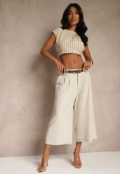 Jasnobeżowe Eleganckie Spodnie Typu Culottes Silunea. Brązowe spodnie materiałowe Renee, do pracy, l, bez wzorów, z jeansu. Za 99.99 zł.