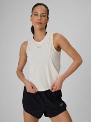 4F Top treningowy regular szybkoschnący damski - biały XS. Białe topy 4f, xs, bez wzorów, z materiału, bez kołnierzyka, bez ramiączek. Za 99.99 zł.