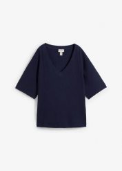 Bluzka z fakturą z bawełny 100%. Niebieskie bluzki bonprix, bez wzorów, z bawełny, bez kołnierzyka, bez ramiączek. Za 54.99 zł.
