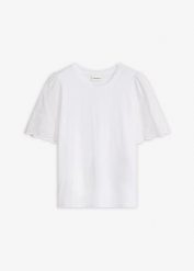 T-shirt z miękkiej mieszanki wiskozy z ażurowym haftem. Białe t-shirty bonprix, w ażurowe wzory, z wiskozy, bez kołnierzyka, bez ramiączek. Za 54.99 zł.