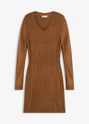 Sukienka dzianinowa w warkocze. Brązowe sukienki bonprix, bez wzorów, z dzianiny, bez kołnierzyka, bez ramiączek. Za 129.99 zł.