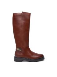 Tommy Hilfiger Oficerki Th Logo Leather Long Boot FW0FW08335 Brązowy. Brązowe kozaki TOMMY HILFIGER, ze skóry, bez obcasa, na płaskiej podeszwie, bez zapięcia. Za 679.99 zł.