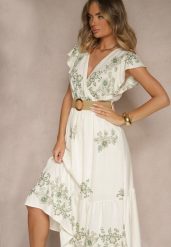 Biało-Zielona Kopertowa Sukienka z Wiskozy Ozdobiona Haftem i Paskiem Nilatea. Białe sukienki Renee, l, bez wzorów, z materiału, eleganckie, bez kołnierzyka, bez ramiączek, midi, kopertowe. Za 99.99 zł.