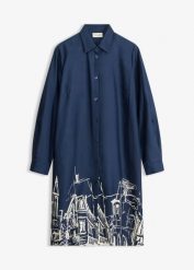 Sukienka szmizjerka z bawełnianej popeliny. Niebieskie sukienki bonprix, na lato, bez wzorów, z bawełny, bez kołnierzyka, bez ramiączek, plisowane. Za 59.99 zł.